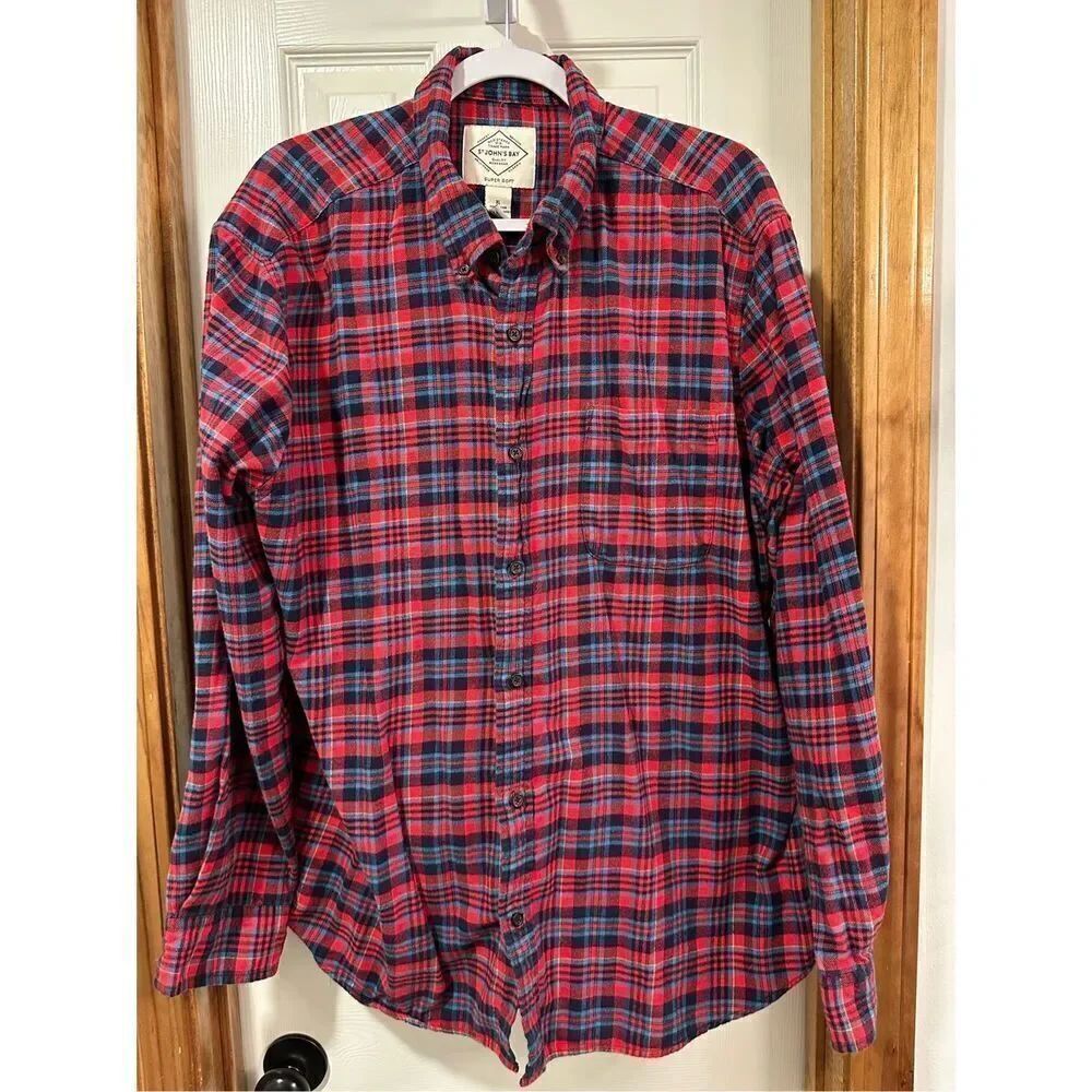 St. John's Bay Men's XL Plaid Flannel Long Sleeve Shirt Red/Blue